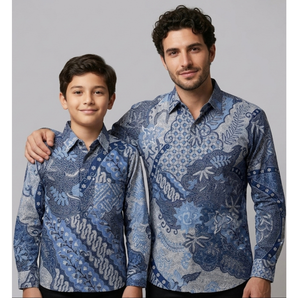batik couple ayah anak bwarna biru langit kombinasi abu_kemeja batik anak biru langit_kemeja seragam