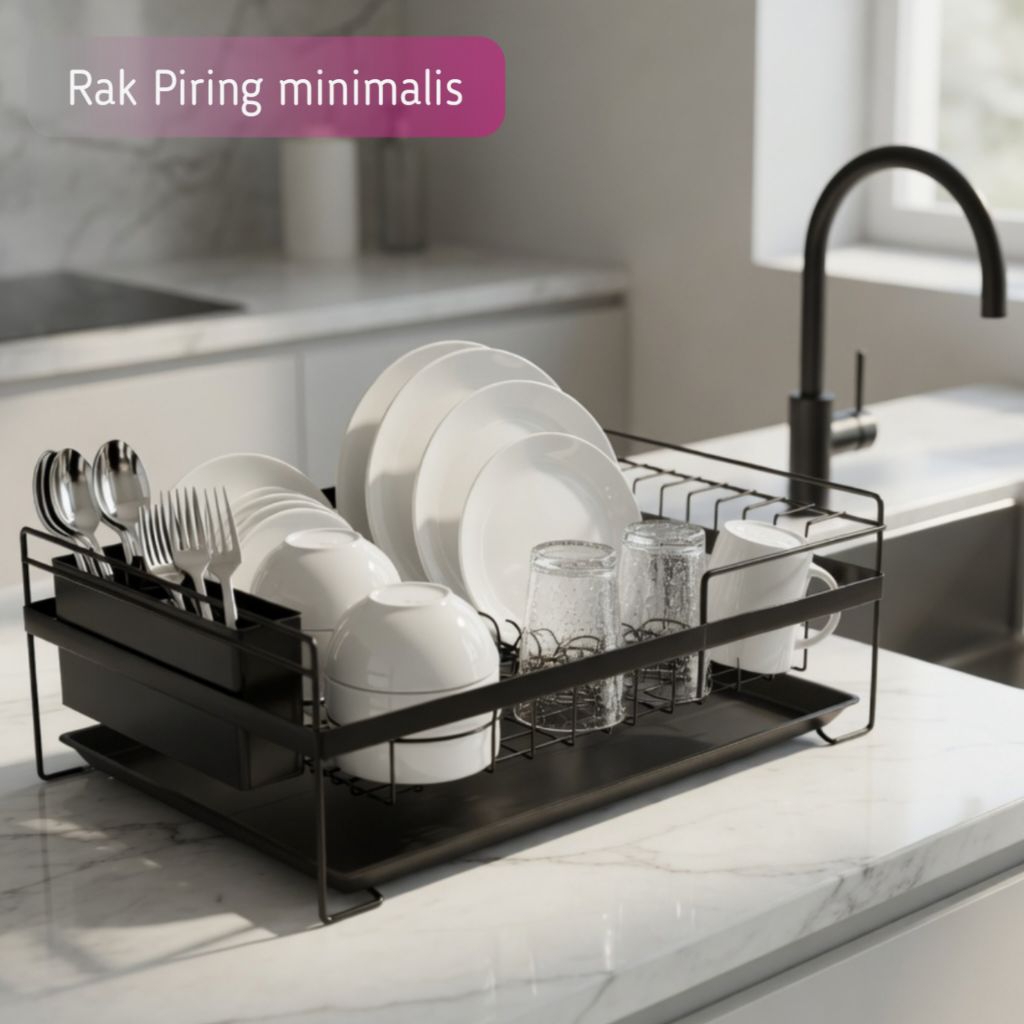 Rak peniris pring wastafel minimalis dapur dengan tatakan air