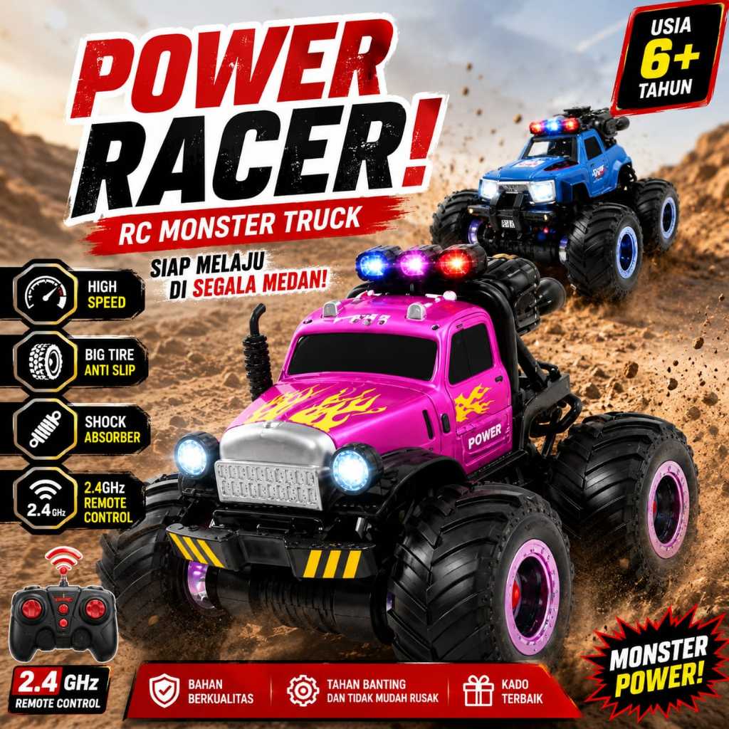 RC Monster Truck Power Racer 4WD Mobil Remote Offroad Ban Besar Lampu LED Mainan Anak