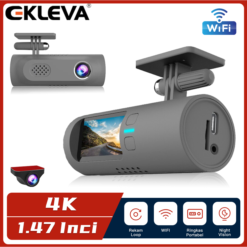 EKLEVA Dashcam Mobil Dual Kamera 4K UHD DVR Mobil Layar 1.47 Inch WIFI Ada G-Sensor Support Pemantau