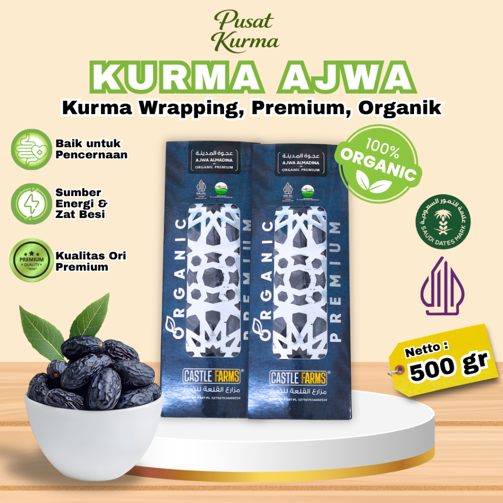 KURMA AJWA CASTLE FARMS PREMIUM | Kurma Ajwa Castle Farms Premium Kemasan 500 Gr
