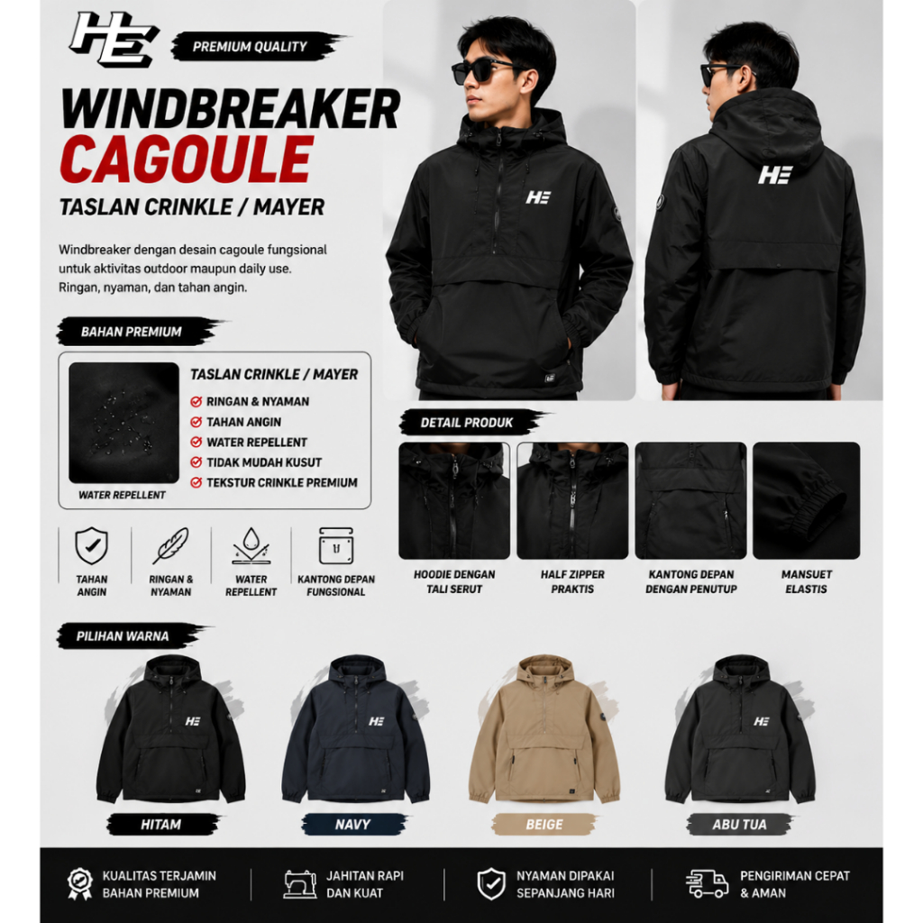 Windbreaker Cagoule Crinkle Waterproof Custom Satuan dan Grosir – Sablon Logo Komunitas, Sekolah, Ev