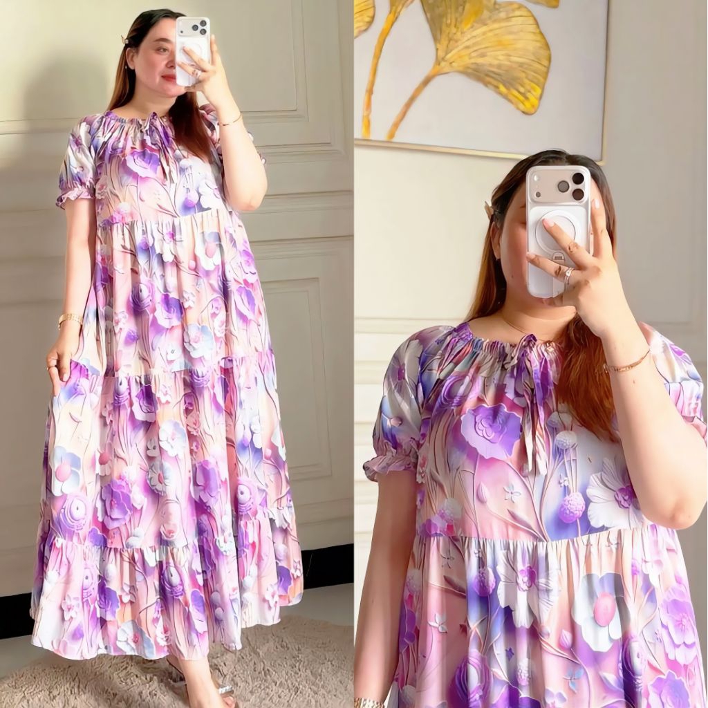Celine Dress Motif Daster Bahan Rayon Premium Rempel Susun Lengan Kriwil