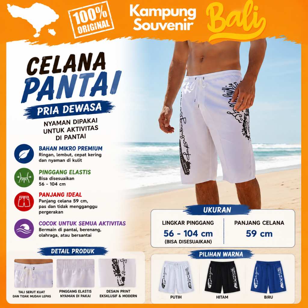 Celana Pendek Khas Bali Pure 59cm Celana Pantai Kolor Renang Pria Dewasa