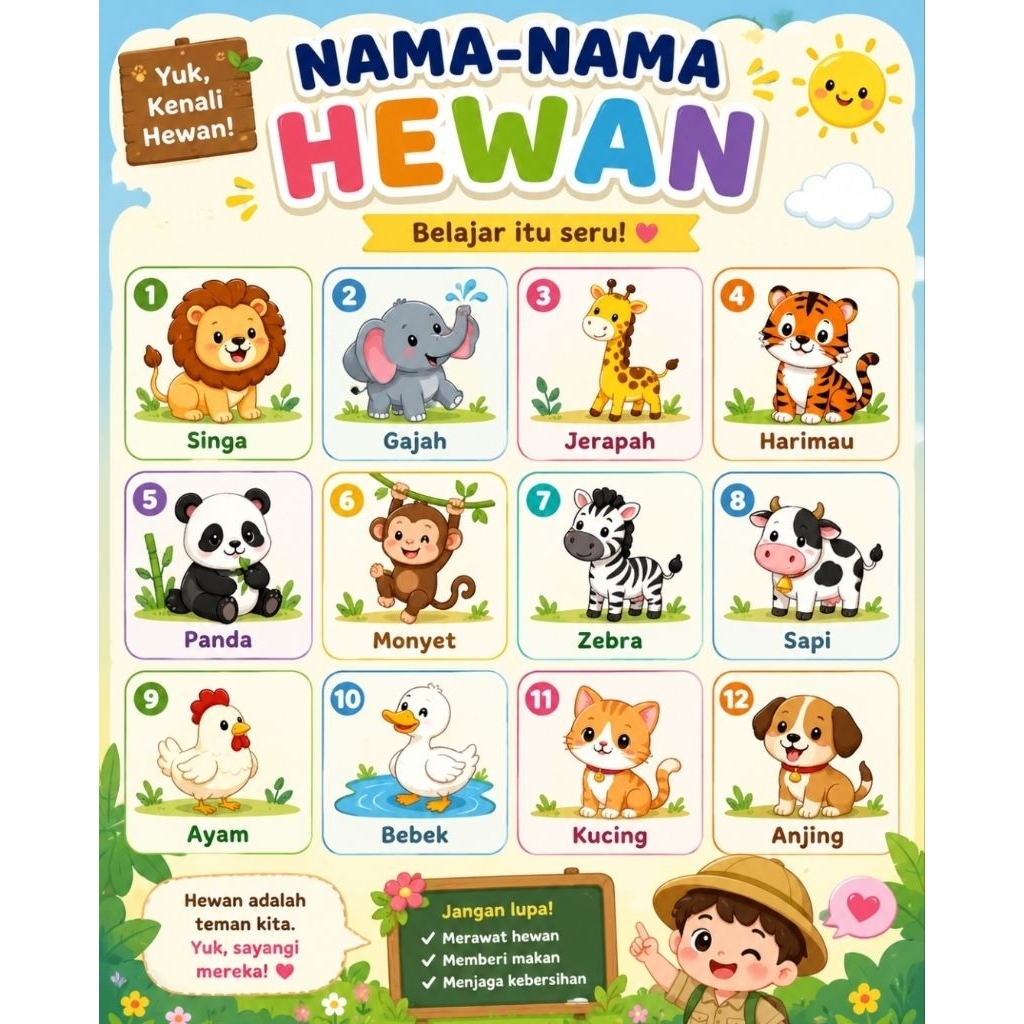 POSTER A3 NAMA NAMA HEWAN LUCU ANAK PINTAR