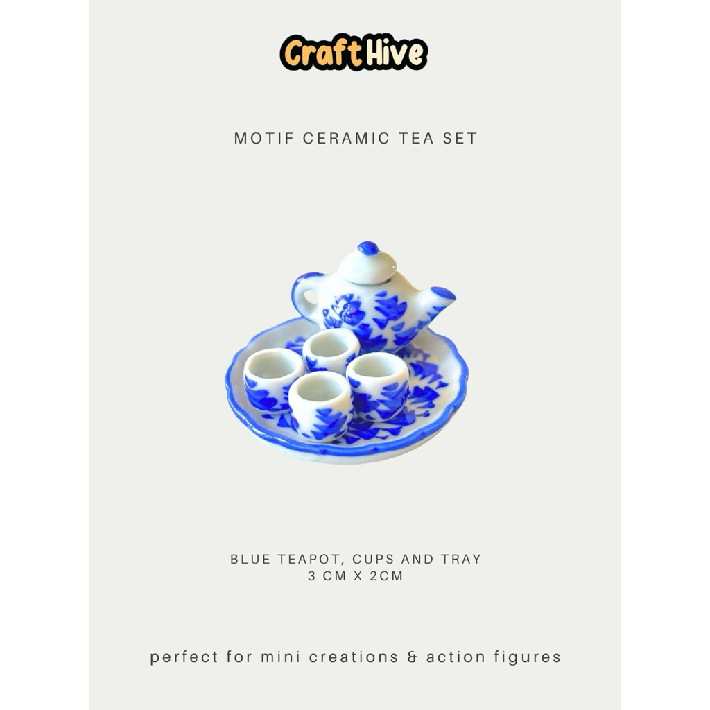 Miniatur Set Teko & Cangkir Keramik Motif Biru Merah - Aksesoris Diorama / Maket / Chinese Tea Set