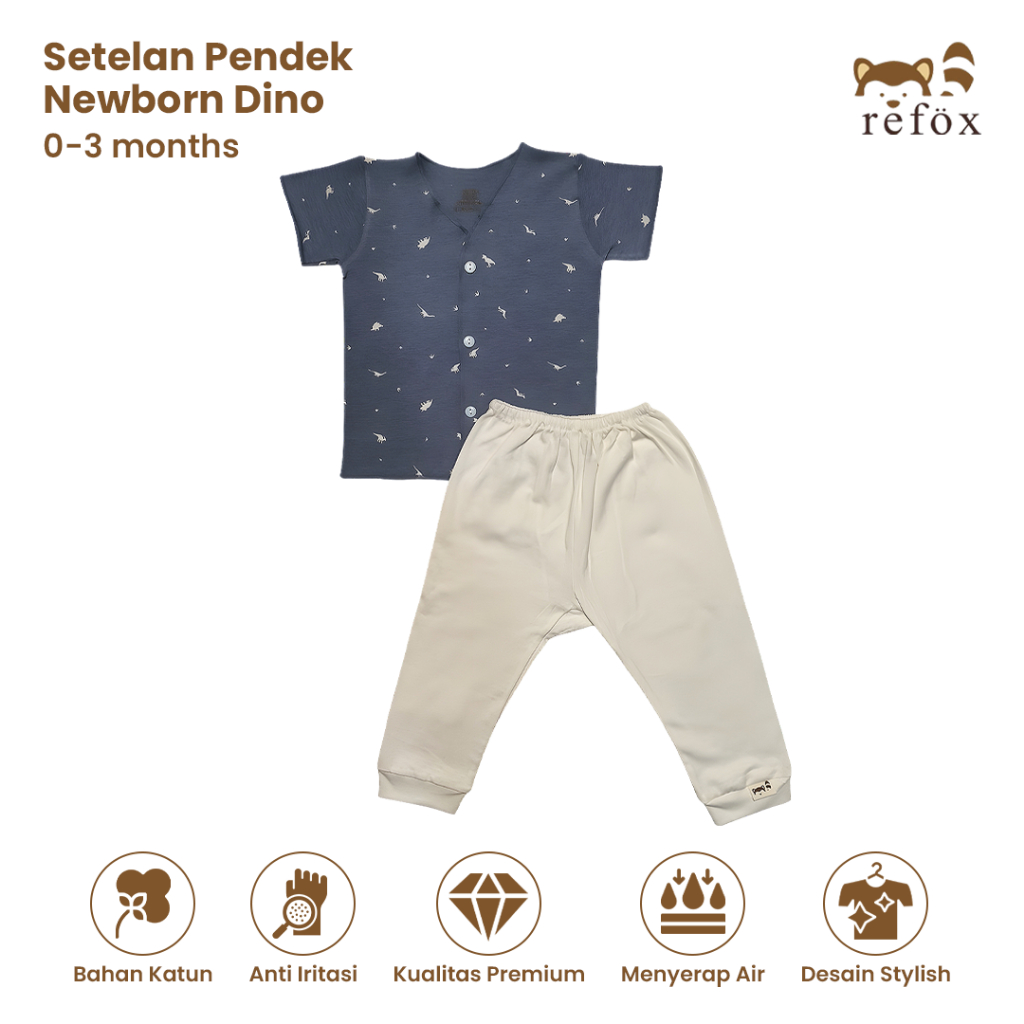 REFOX - SETELAN NEW BORN (0 -3 bulan) BAJU PENDEK CELANA PANJANG DINO