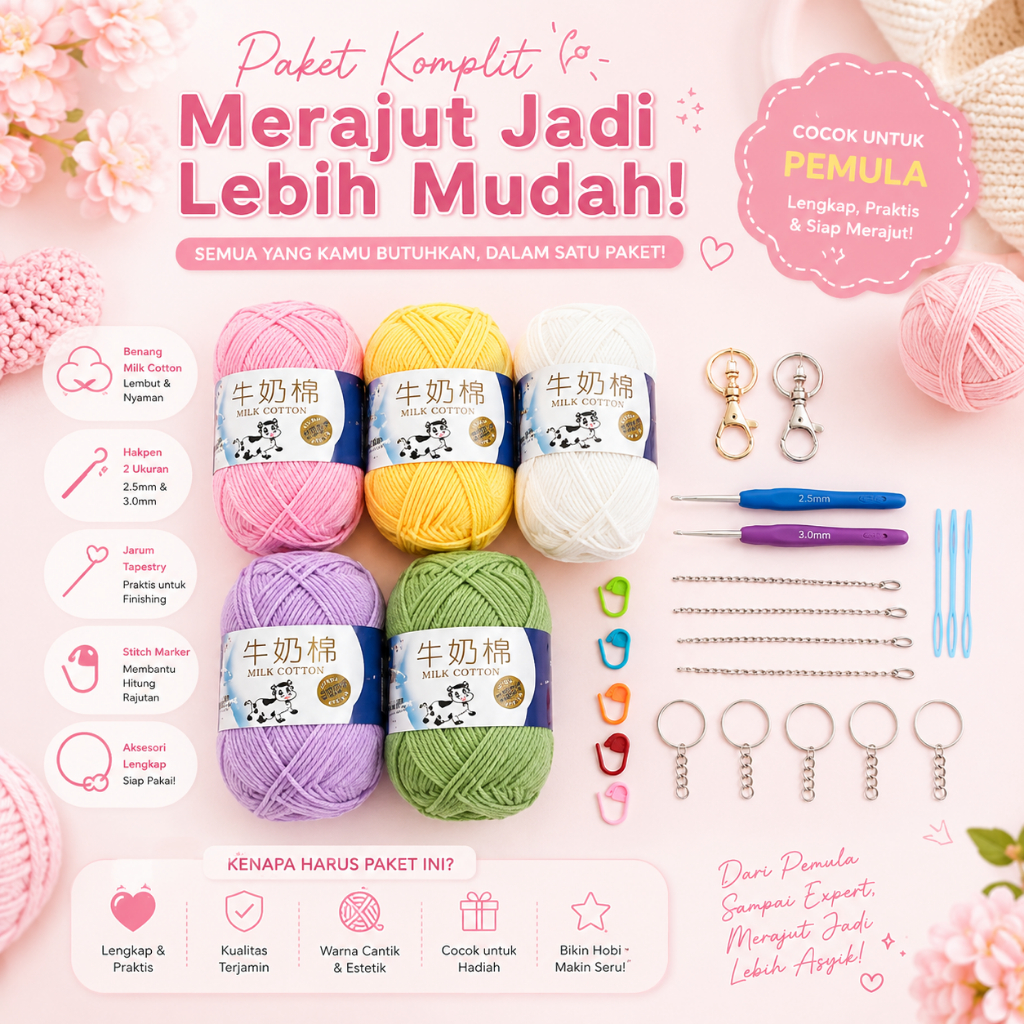 MADEBYBULAT BENANG RAJUT Paket Benang Rajut dan Alat Rajut Kit untuk Pemula Paket A Benang dan Alat 