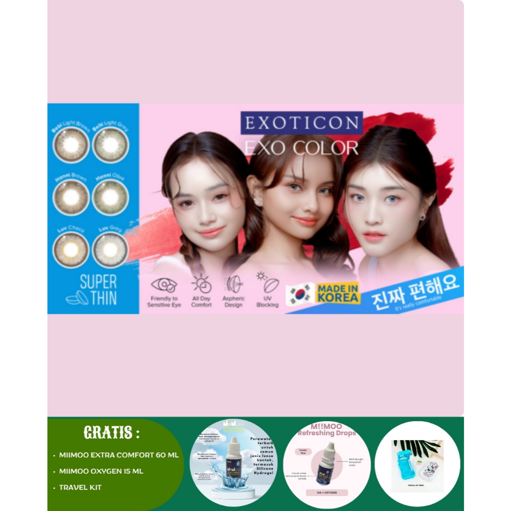 Bundling Exo Color + MPS Miimoo 60ml + Drops miimoo 15ml + Travel Kit Mini Kaca Minus 0.50 sd 2.75