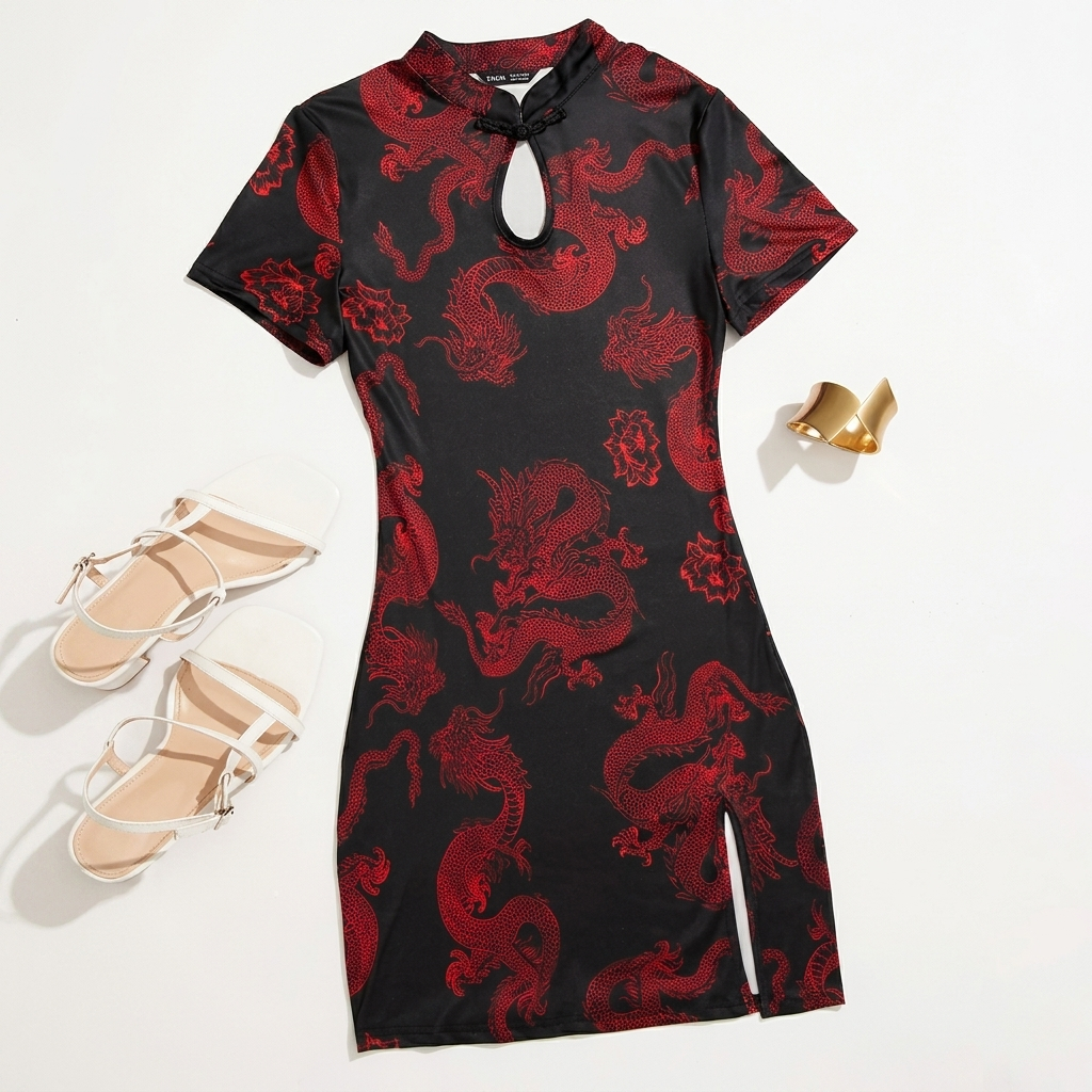 Dress Cheongsam Wanita Velvet Merah Motif Naga Bodyfit