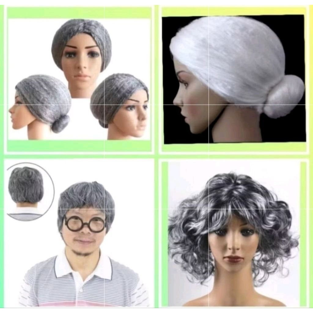 wig rambut palsu putih abu uban kakek sanggul nenek tua lansia lelaki pria laki konde wanita perempu