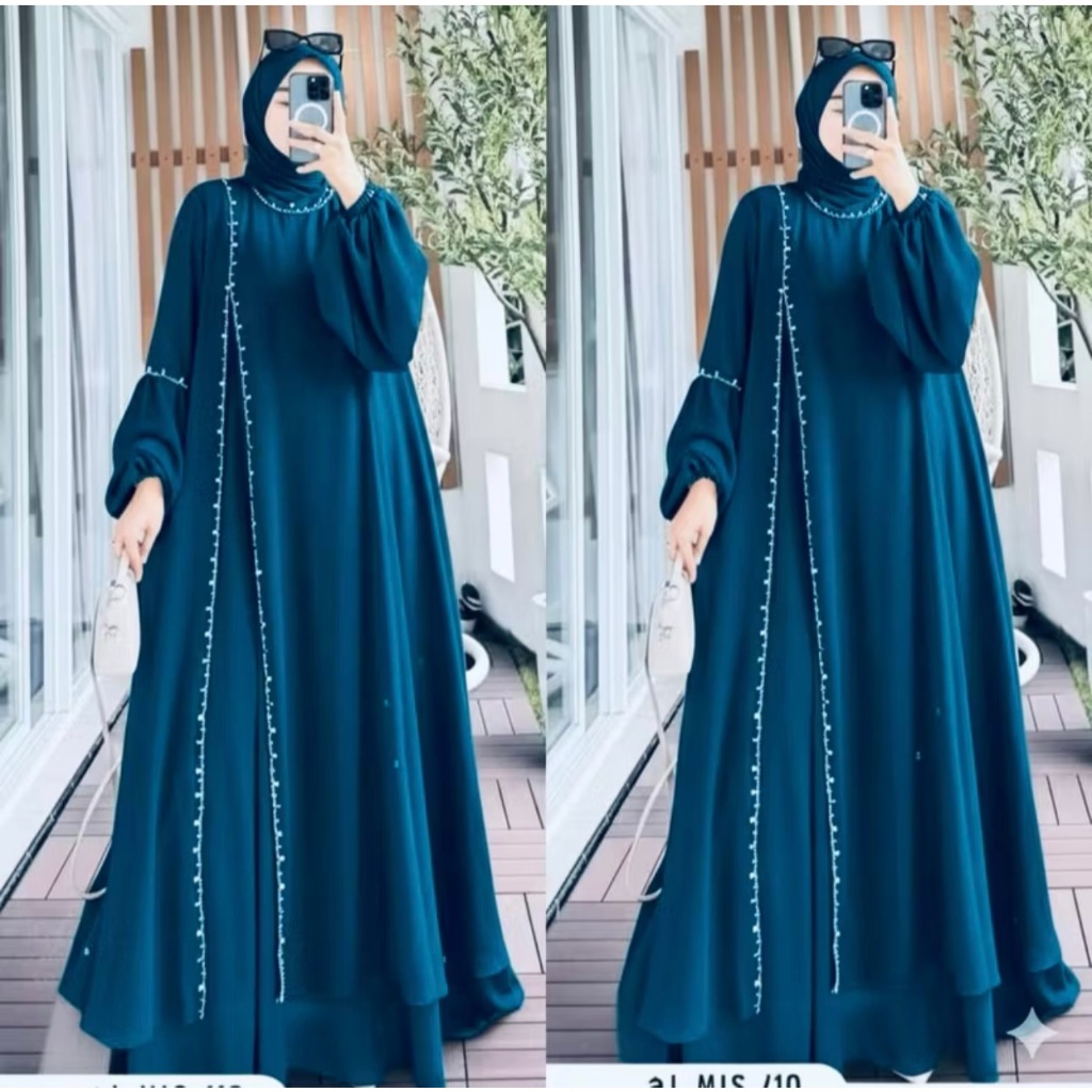 Gamis Ceruty Abaya Terbaru 2026 Lebaran Wanita Ririn Dress Emerald Blue Payet Mutiara OOTD Kekinian