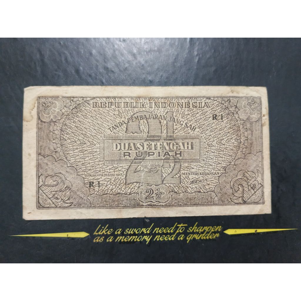 UANG KUNO 2 SETENGAH RUPIAH SERI ORI TAHUN 1947 LANGKA