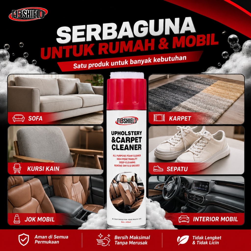 FIBSHIELD Foam Cleaner 650ml Pembersih Jok Mobil Sofa Karpet Sepatu Kulit dan Kain Busa Melimpah