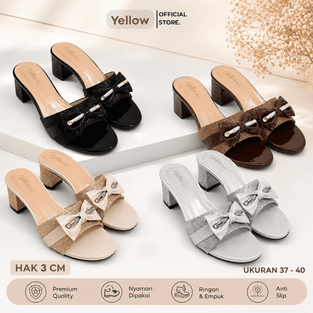 Yellow Helia Sandal Wanita Helels 5cm Elegant Korean stylish Slip On Mules Motif Pita Simpel Hak Tah