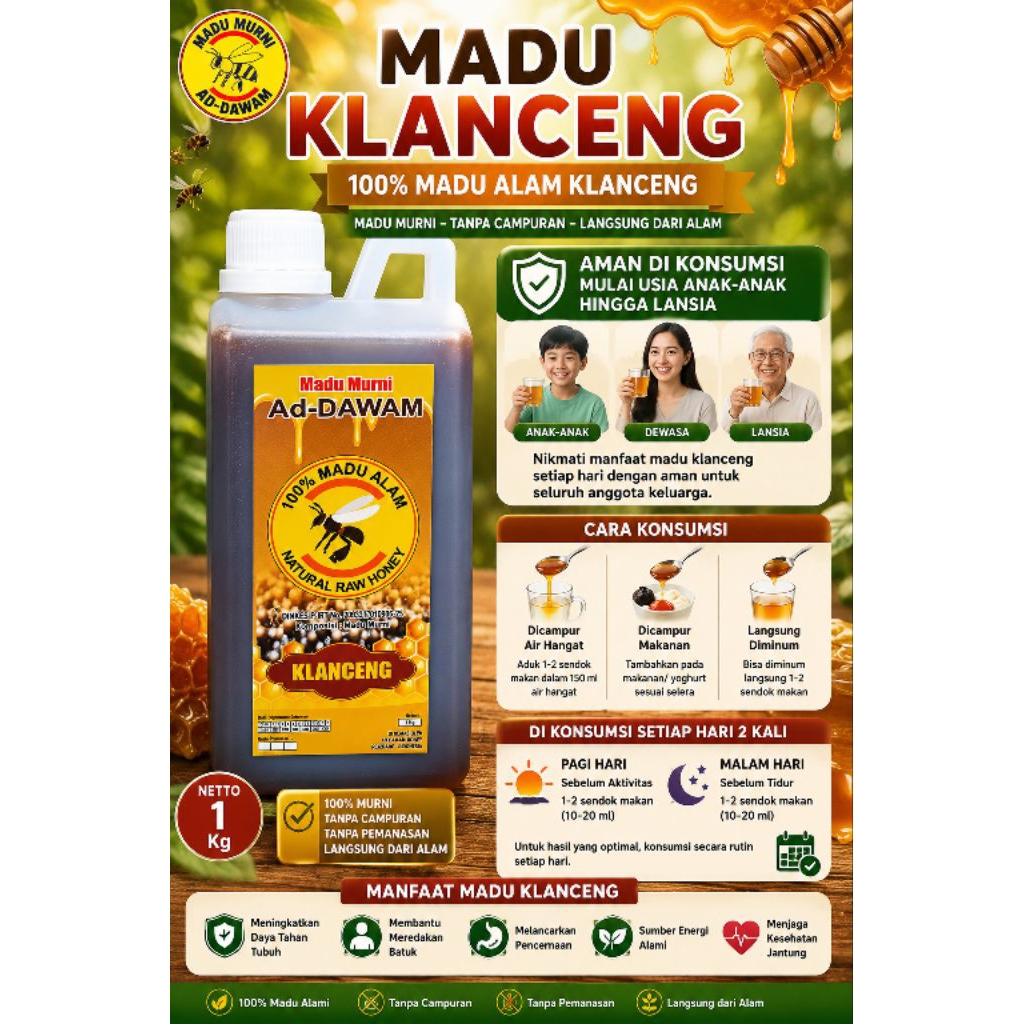 Madu Klanceng/madu kelulut 1 KG-Madu Murni Asli-Madu Addawam Raw Honey- NIB-BPOM P-IRT&HALAL BPJH-ku