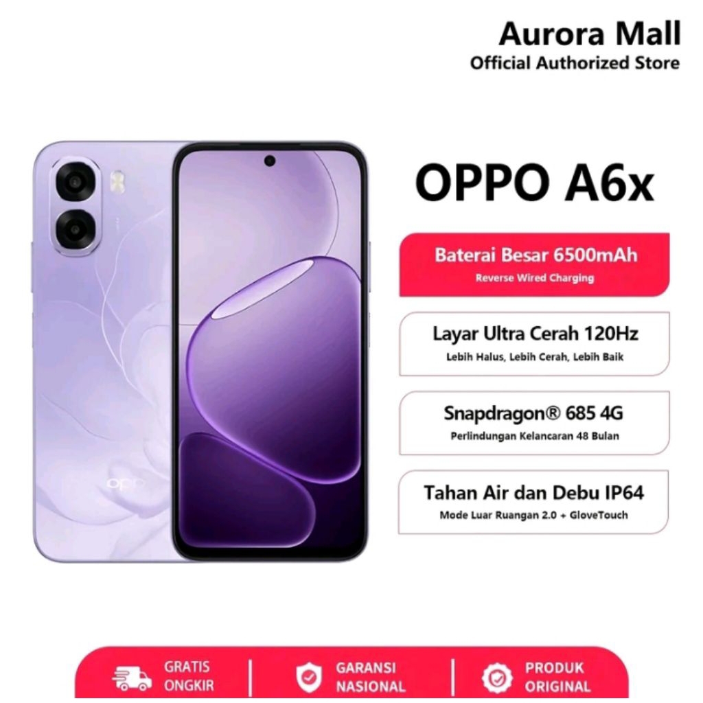 [NEW] OPPO A6x 4/128GB (4+4GB Extended RAM) Snapdragon 685 Garansi Resmi Indonesia HP Terbaru 2026