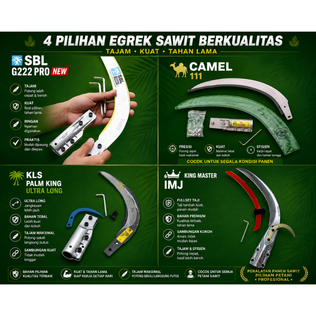 4 Pilihan Egrek Berkualitas Original 100% Malaysia, SBL G222 PRO, KLS PALM KING, CAMEL 111, KING MAS