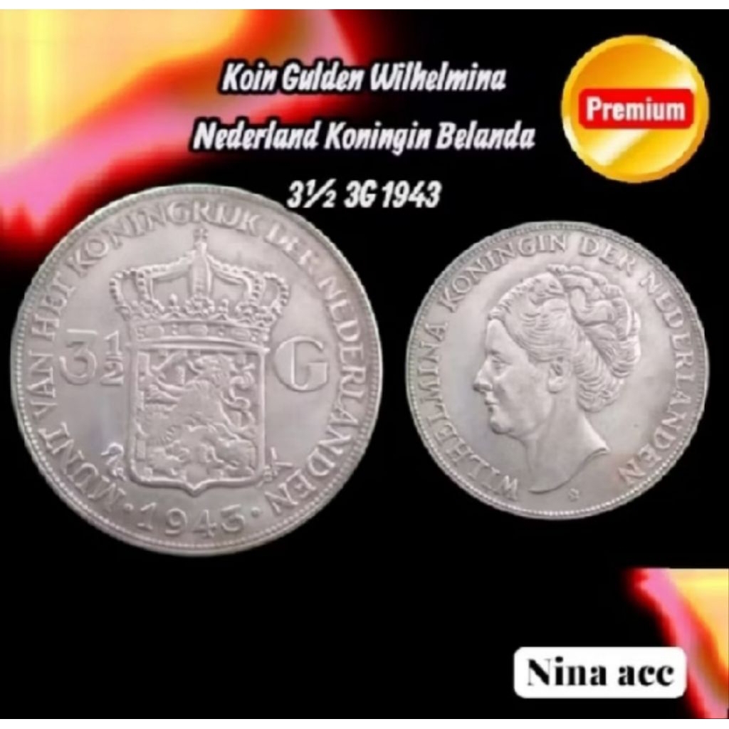 KOIN PERAK SILVER WILHELMINA NEDERLAND BELANDA 3½ 3G  1943