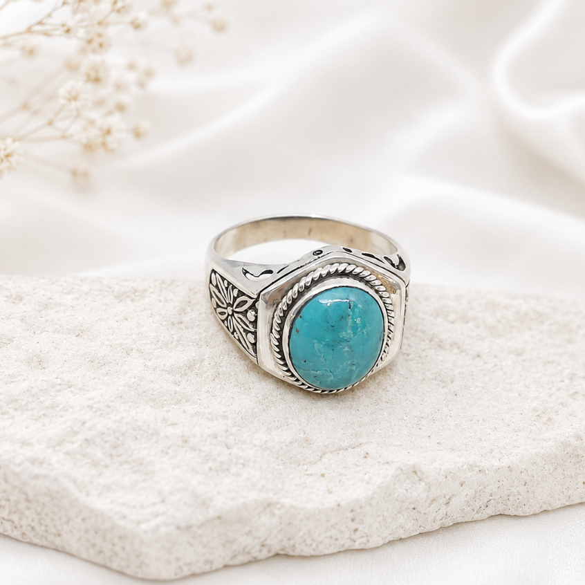 Cincin Perak Bali 925 Turquoise Vintage Elegan Batu Biru Tosca Premium