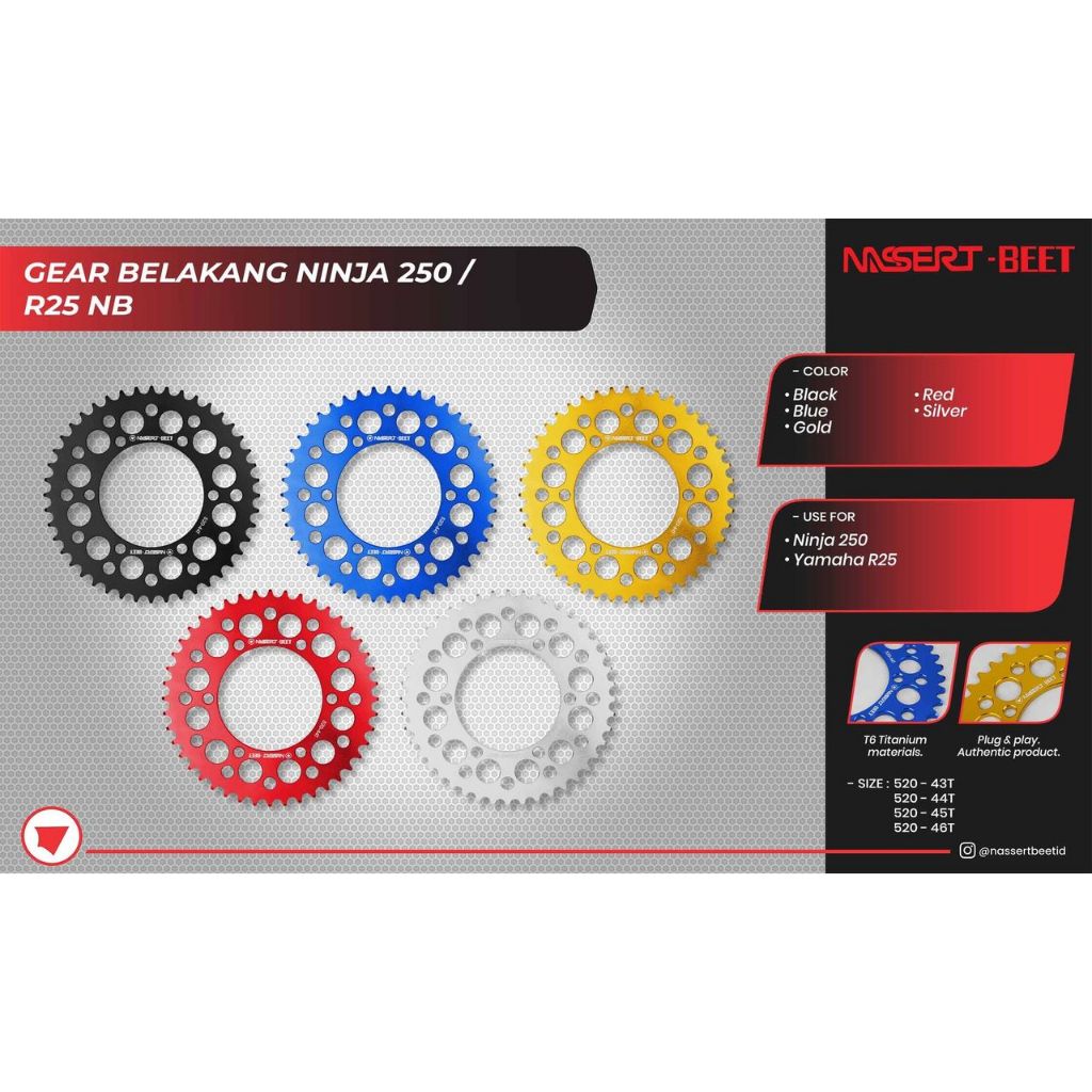 Gear Belakang Ninja 250 R25 Nassert Beet Sprocket Racing 520 CNC Aluminium Plug & Play