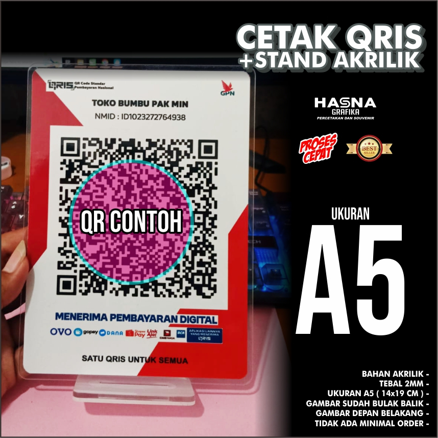 CETAK QRIS PLUS DUDUKAN / STAND AKRILIK QRIS / CETAK QRIS PLUS AKRILIK UKURAN A5
