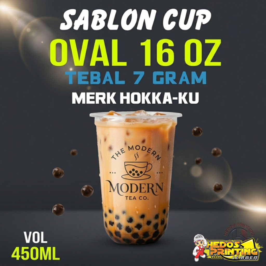 Sablon Custom Gelas Cup Oval 16 oz Tebal 7 Gram Merk Hokaku