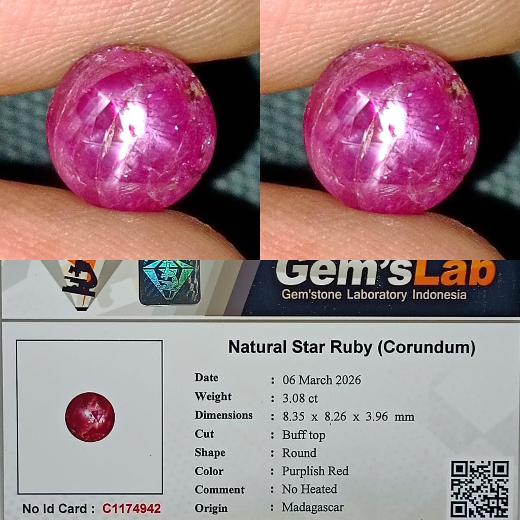NATURAL STAR RUBY CORUNDUM NO HEATED PURPLISH RED 3.08 CARAT MEMO GLI LAB