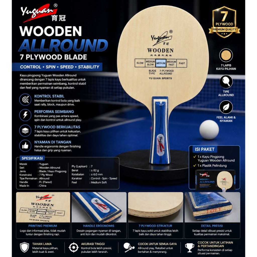 Kayu Pingpong / Blade Tenis Meja Yuguan 1011 Wooden Allround 7 Ply Wood