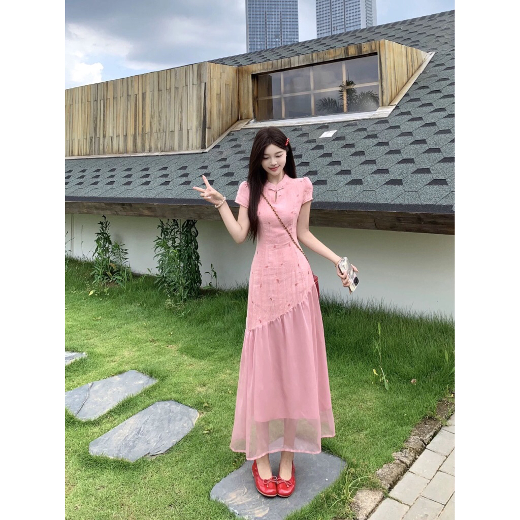 Dress korean elegant A-Line pink pastel