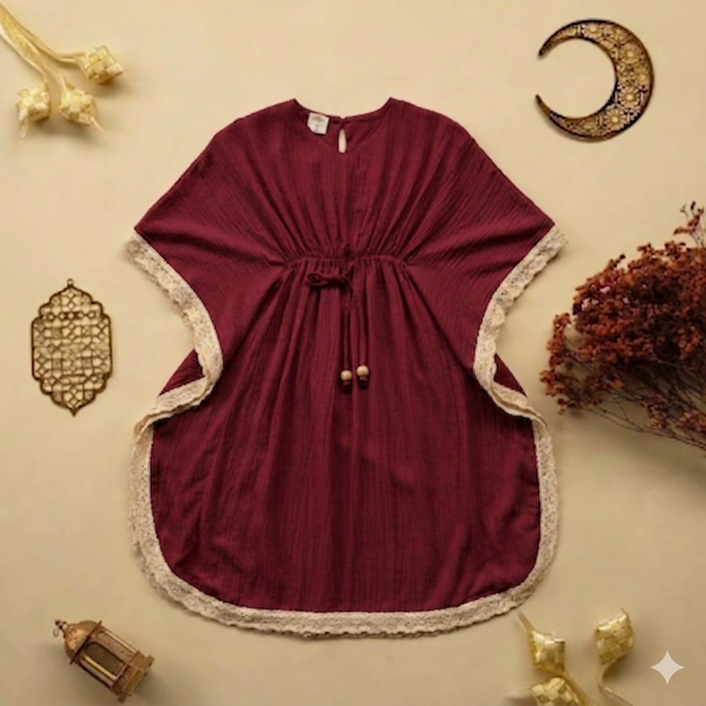 Kaftan Anak Perempuan Kerut Tengah / Baju Lebaran Anak Renda Rayon Premium-Kaftan Serut Renda Anak-B