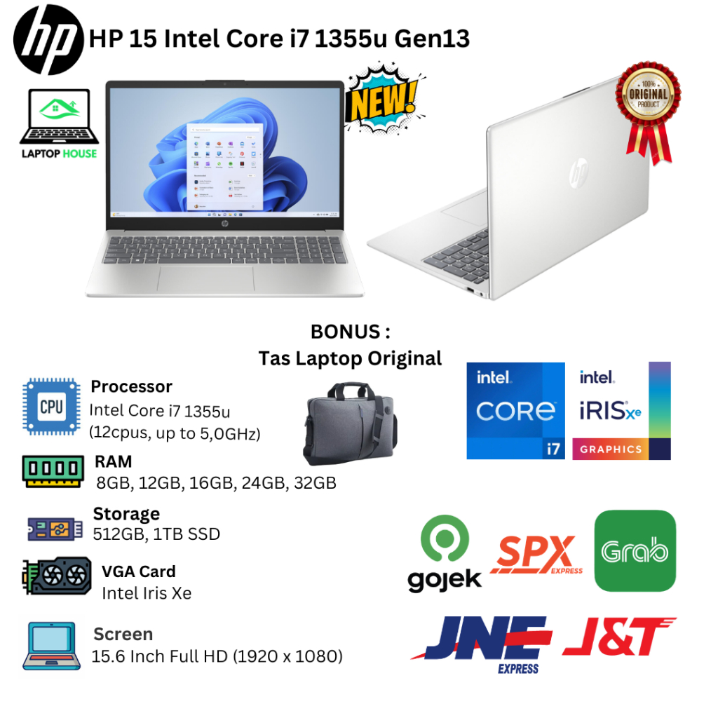 Laptop Baru HP 15 Intel Core I7 1355u 12cpu 5,0Ghz