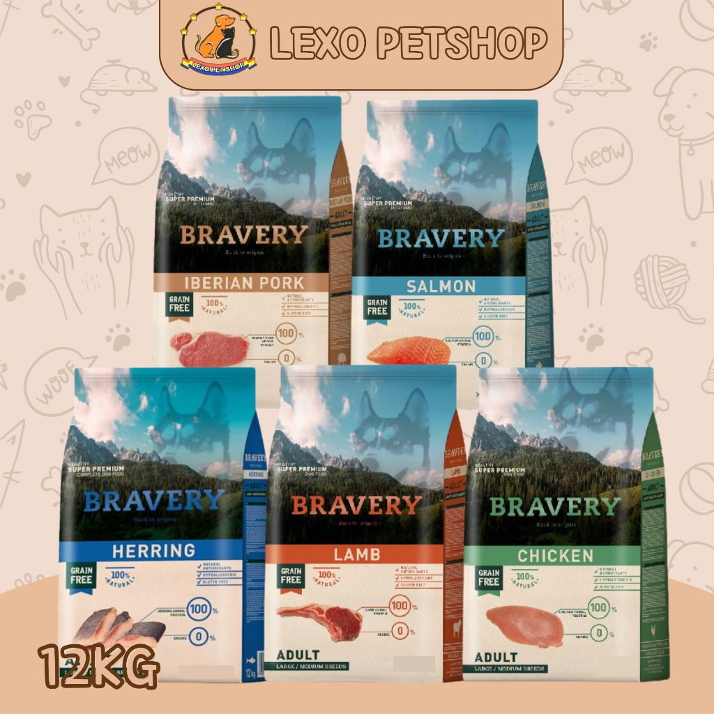 BRAVERY MEDIUM LARGE ADULT 12Kg - Dog Food Makanan Anjing Rasa Chicken Salmon Lamb Iberian Pork Herr