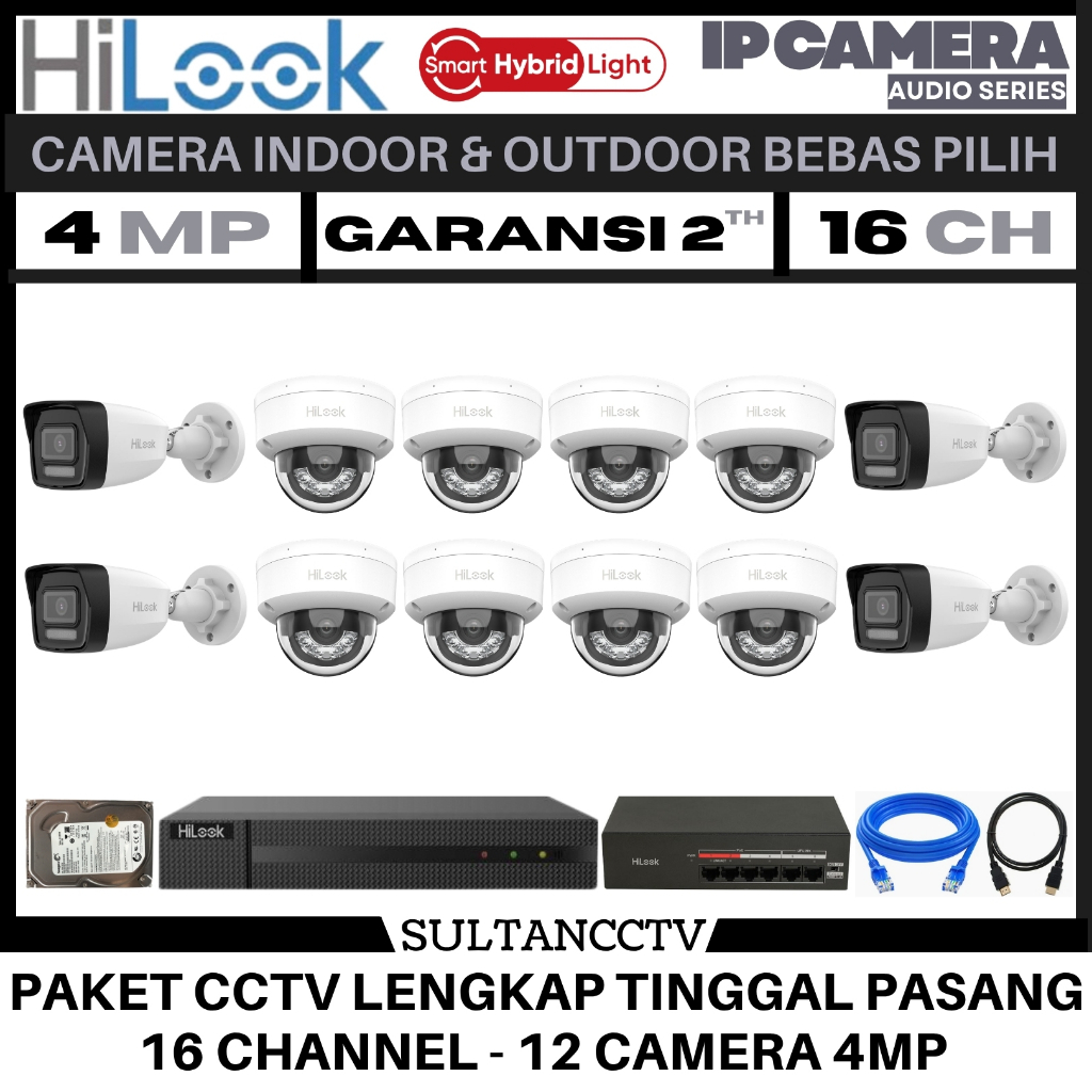 Paket Cctv Hilook 16 Channel 12 Kamera 4mp Ip Camera Smart Hybrid Light Audio Series Komplit Pantau 
