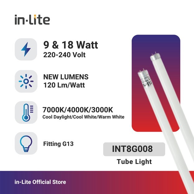 in-Lite Lampu TL T8 LED (9, 18 Watt), InLite LED Lampu TL T8 INT8G008- 9 -18 watt. Lampu Supermarket
