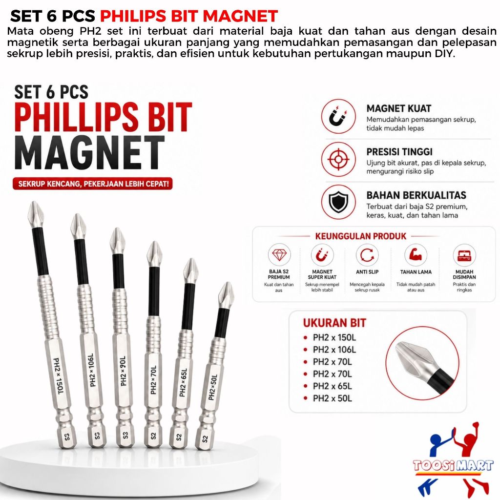 Set 5 Pcs Obeng Phillips Bit Magnet Kuat Anti Slip Kekerasan Tinggi Bor Tangan Baja Wolfram Obeng Li