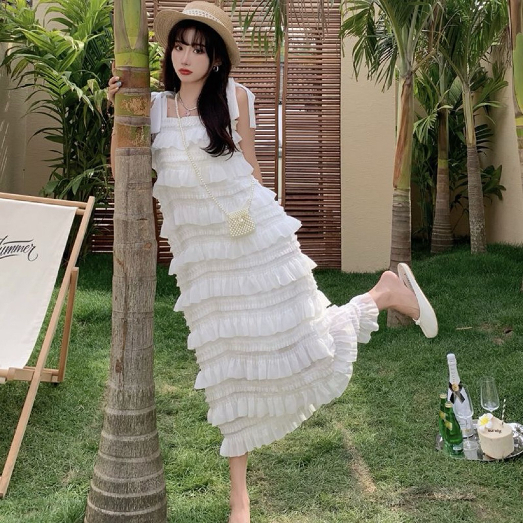 Dress Ruffle Wanita Putih Gaun Midi Maxi Korea Style Pesta Holiday Bali Party White Code Cantik Ikat