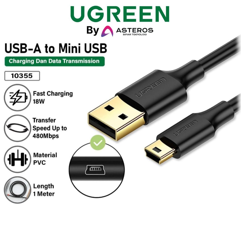 UGREEN Kabel Data USB 2.0 A Male To Mini USB 5 Pin 10355 Male 1 Meter Cable Camera Kamera