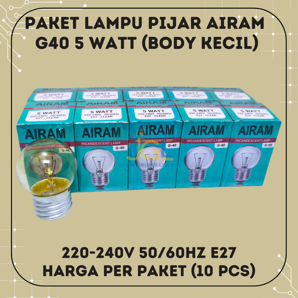 PAKET (10 PCS) Lampu Dop Pijar 5 Watt Airam G40 Bohlam Kecil E27 Lampu Dop Airam G40