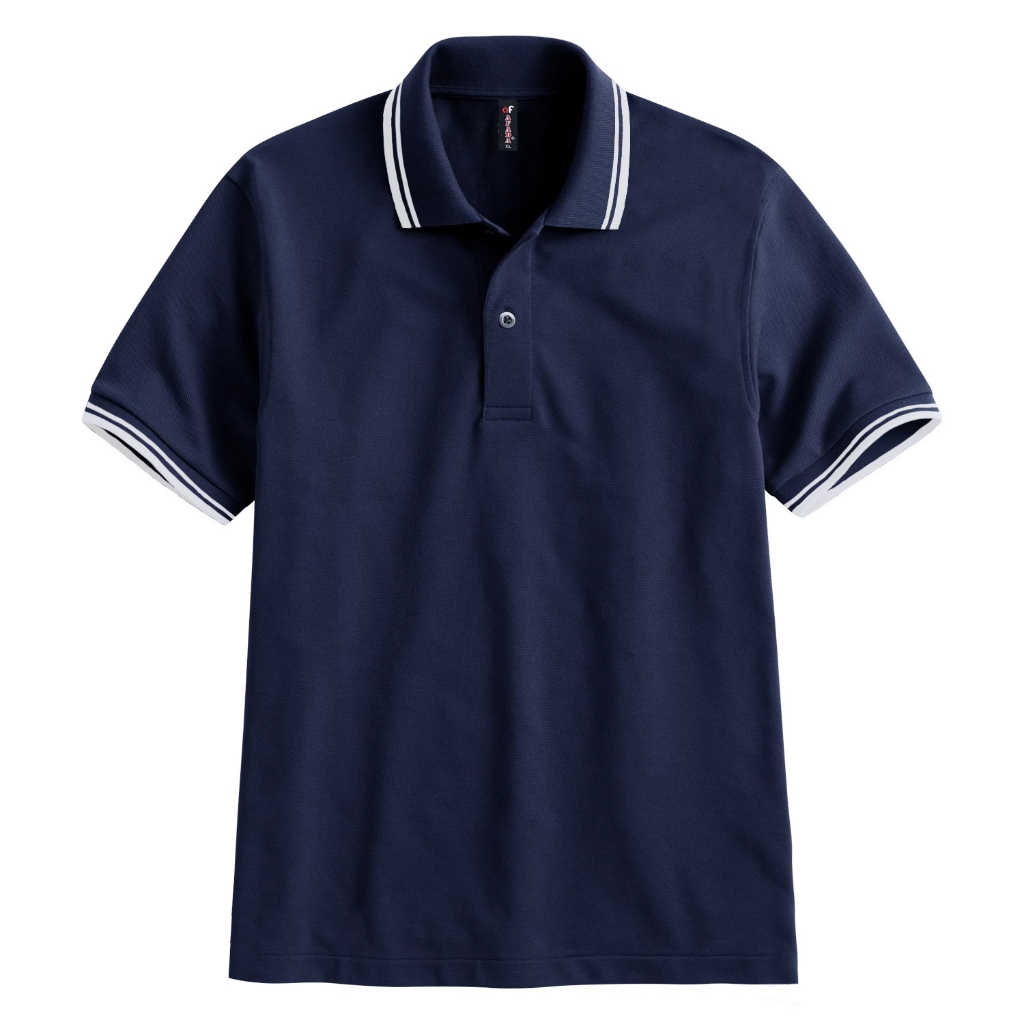 Kaos Polo Shirt Pria Biru Tua Lengan Pendek Kerah Kancing Garis Putih Polos