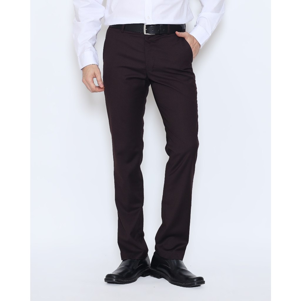 SCHOELLER ORVIS-ST-SF Celana Formal Pria Coklat Tua Slim Fit Polyester Rayon Stretch