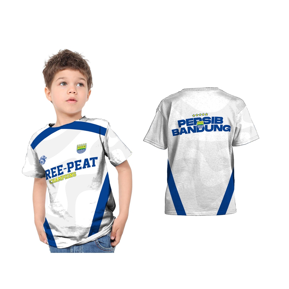 UBER SUBLIM - Baju Kaos Jersey Anak PERSIB BANDUNG THREE-PEAT CHAMPIONS Putih Custom Full Print