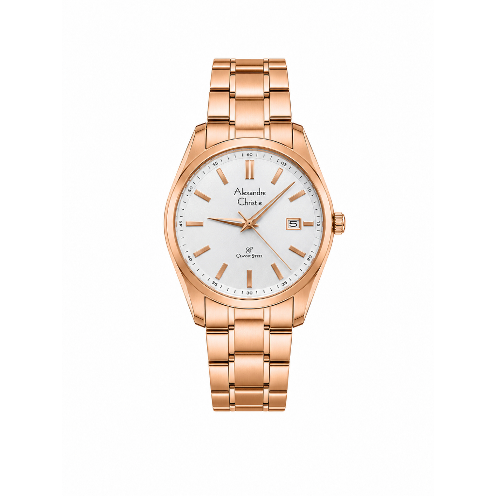 Alexandre Christie AC 8514 MD Jam Tangan Pria Classic White Dial Rose Gold Stainless Steel Strap