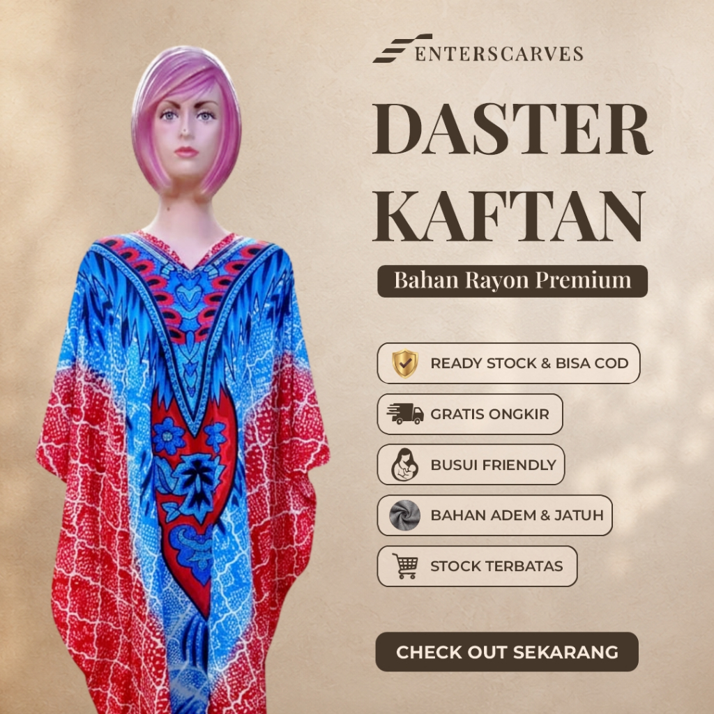 Enter Scarves - Daster Kaftan Wanita Bahan Rayon Premium Motif Tribal | Gamis Santai Adem Anti Gerah