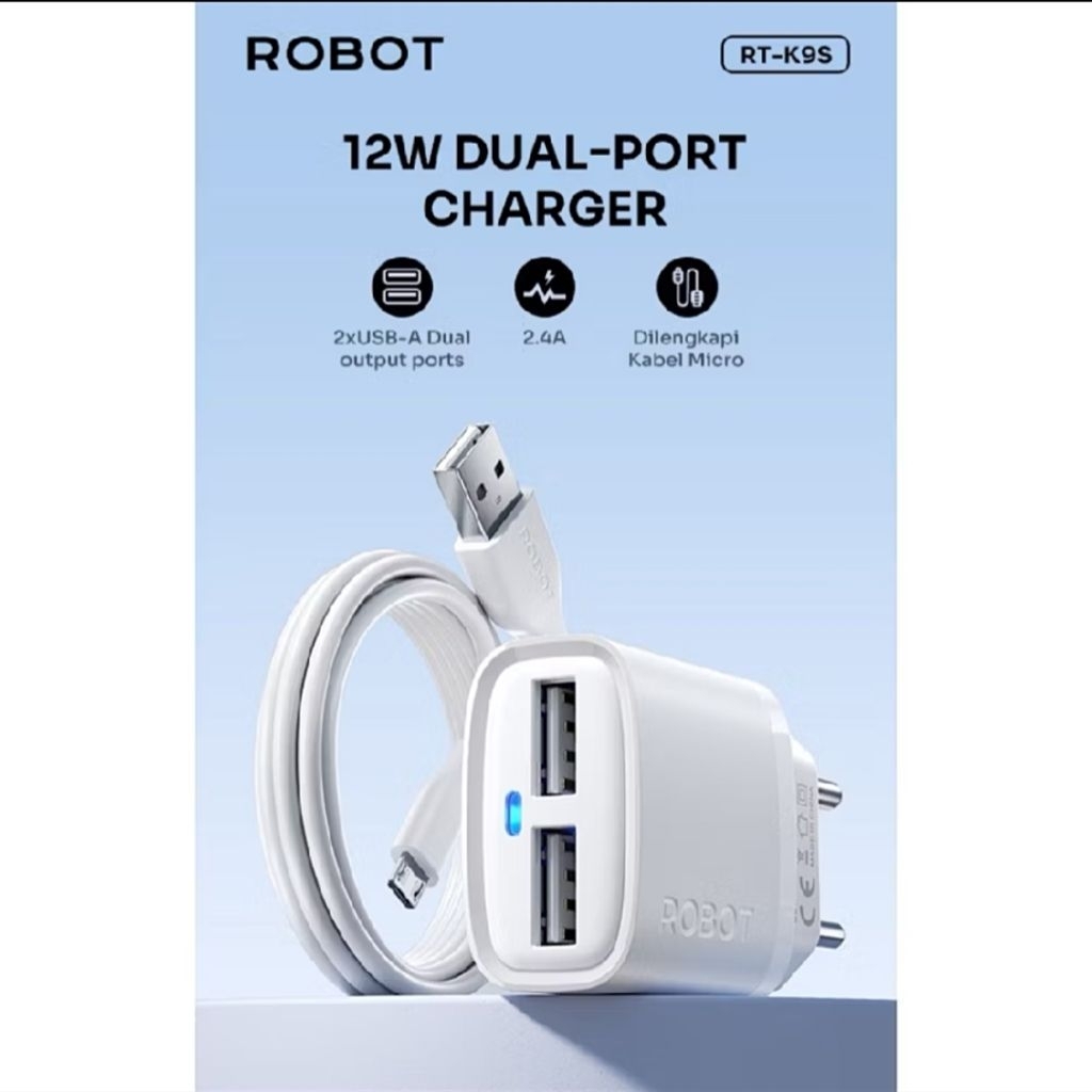 Travel Charger ORIGINAL ROBOT RT-K9S 2USB 2.4A 12W USB Kabel Micro / Type-C RT-K9SC Casan Fast Charg
