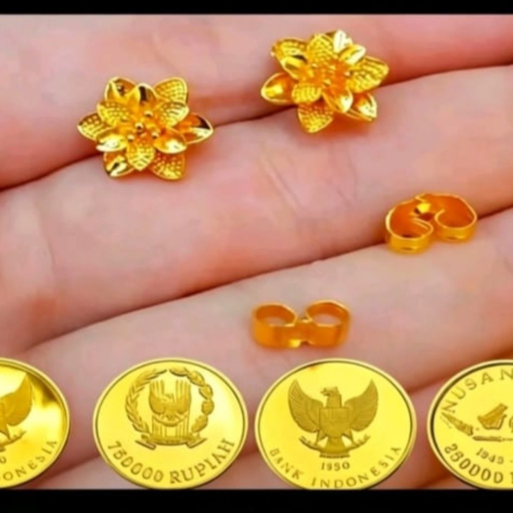 Anting koin asli 1991-1992 anting tusuk kembang warna mas anti luntur dan karat