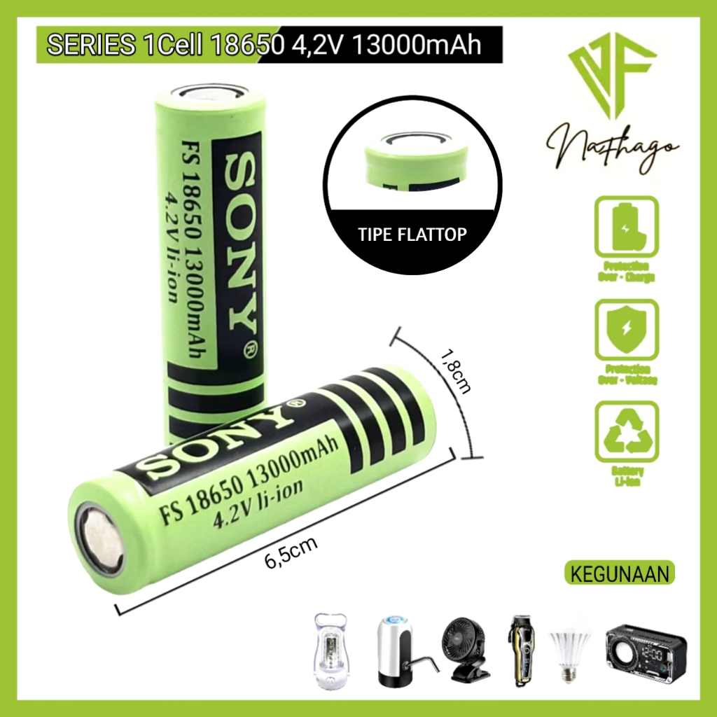 Baterai Charger/ Baterai Cas Li-ion FS 18650 Hijau Muda 4.2Volt 13000mAh Isi 2 pcs