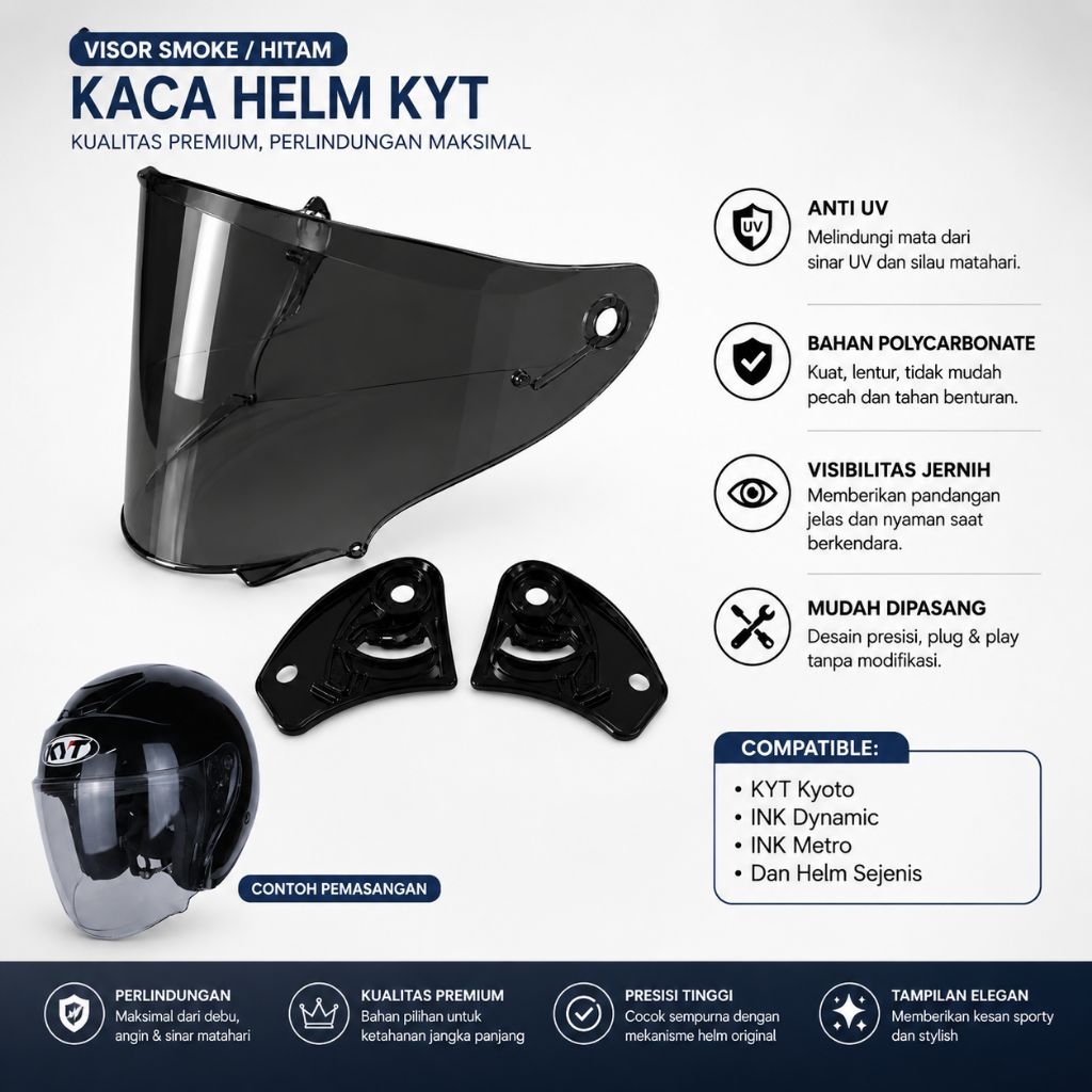 Visor Helm Kaca KYT Kyoto Kaca Helm Kyt kyoto KBS Kyoto Kaca + Rachet Kaca Metro Bening dan Hitam (b