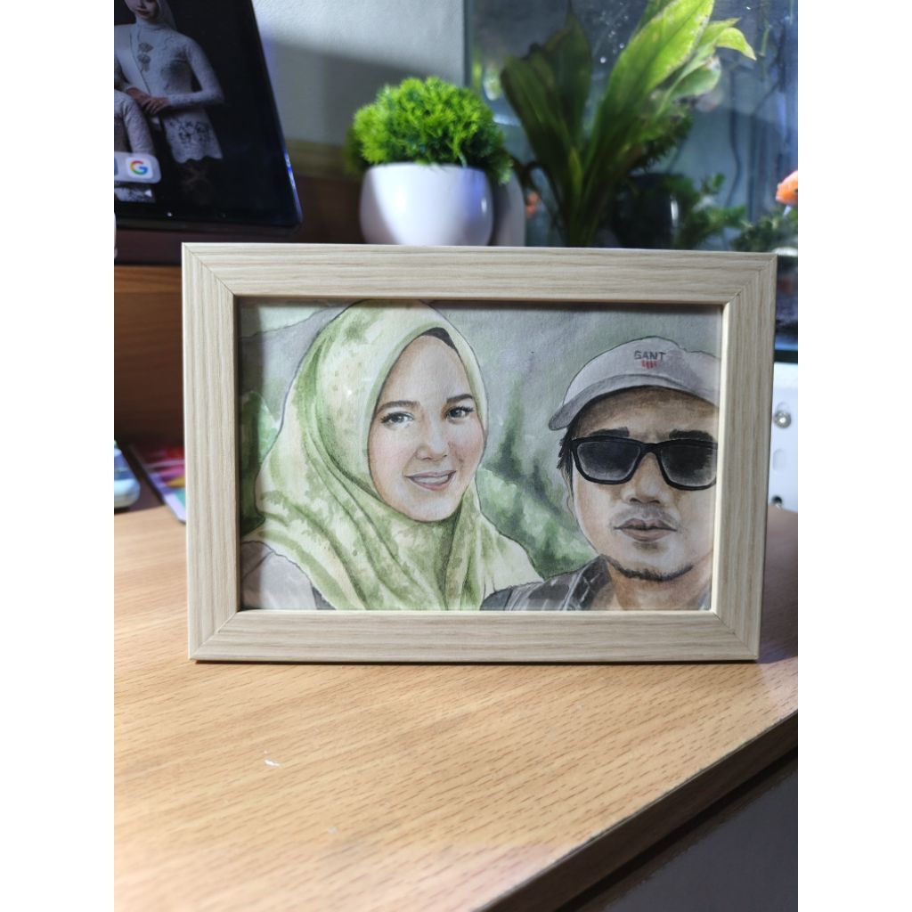 lukisan wajah cat air custom / watercolor dengan standing acrylic/ bingkai kayu