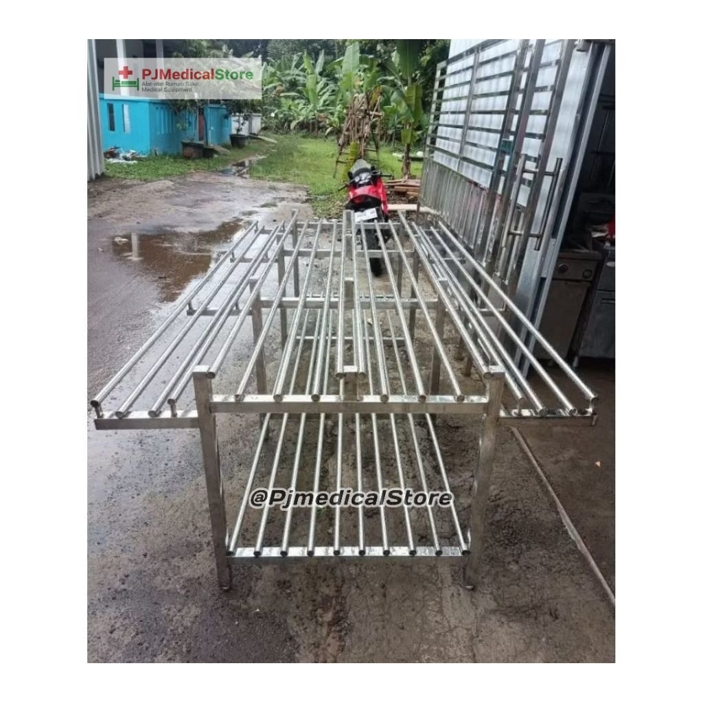 Meja Pemorsian makan Dapur MBG 2 Susun Pipa Stainless Dapur MBG / Meja Pemorsian Dapur MBG Stainless